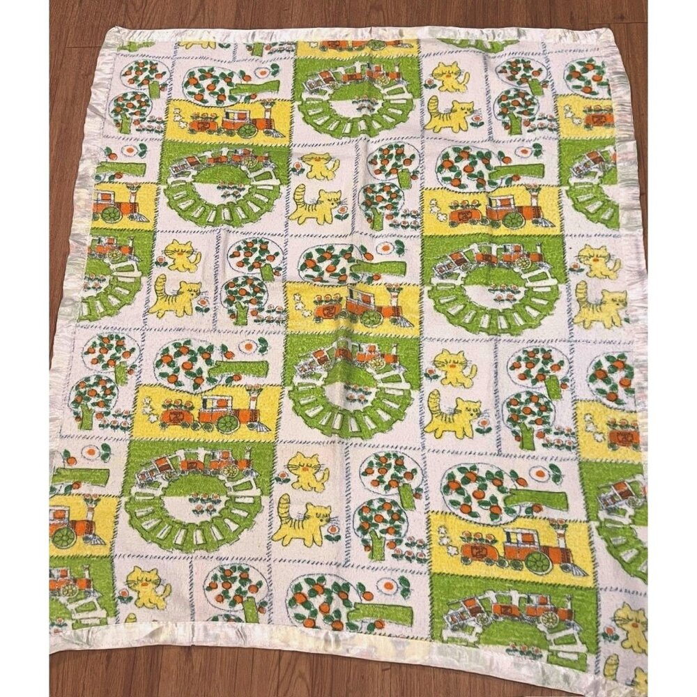 Vintage Handmade Baby Blanket Retro 1970s Bright Cats Orange Yellow Green